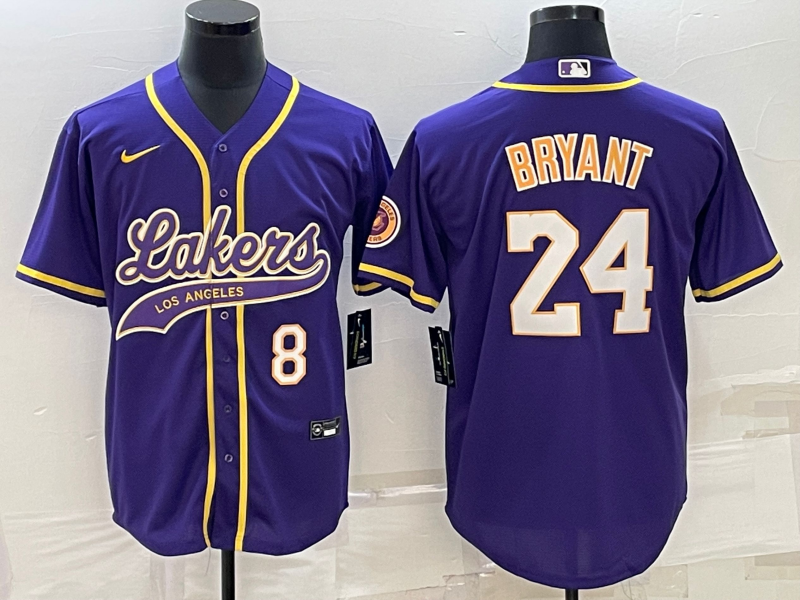 Men's Los Angeles Lakers Front #8 Back #24 Kobe Bryant Purple Cool Base Stitched Baseball Jersey Men's Los Angeles Lakers Front #8 Back #24 Kobe Bryant Purple Cool Base Stitched Baseball Jersey